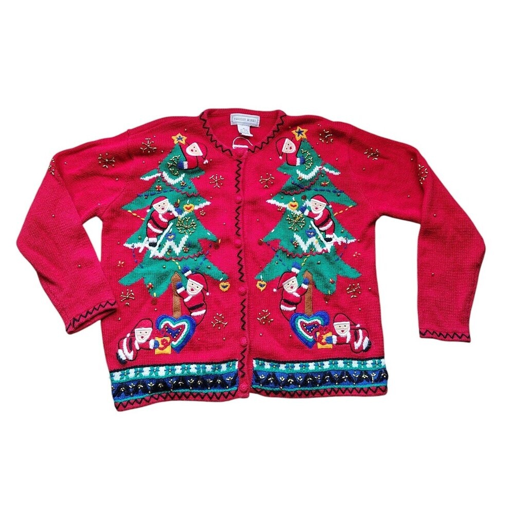 Vintage Christmas Cardigan Sweater Size M Santa Claus Tree Embellished Retro